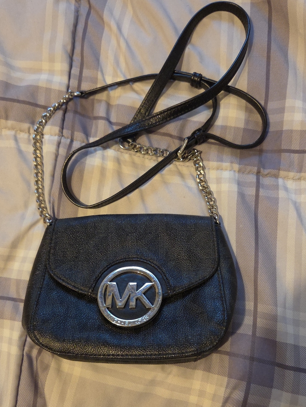 Michael Kors Black Leather Crossbody with Silver MK Emblem